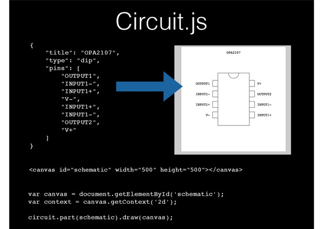 Circuit.js

{!
"title": "OPA2107",!
"type": "dip",!
"pins": [!
"OUTPUT1",!
"INPUT1-",!
"INPUT1+",!
"V-",!
"INPUT1+",!
"INPUT1-",!
"OUTPUT2",!
"V+"!
]!
}
var canvas = document.getElementById('schematic');!
var context = canvas.getContext('2d');!
!
circuit.part(schematic).draw(canvas);
