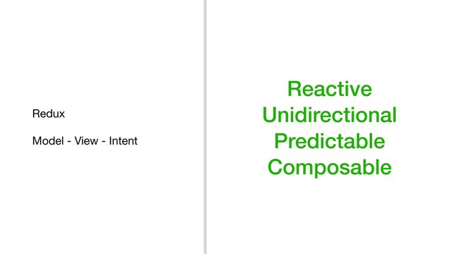Reactive
Unidirectional
Predictable
Composable
Redux

Model - View - Intent
