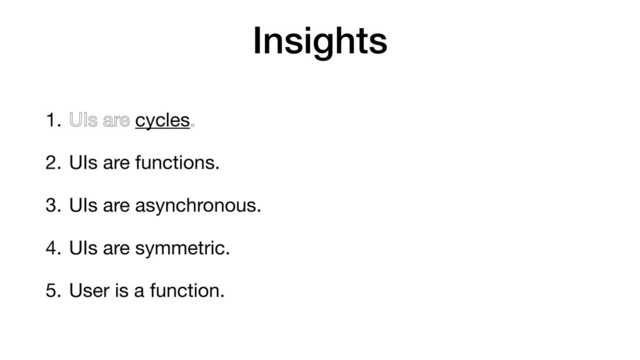 Insights
1. UIs are cycles.

2. UIs are functions.

3. UIs are asynchronous.

4. UIs are symmetric.

5. User is a function.
