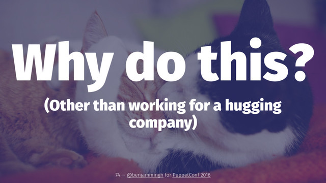 Why do this?
(Other than working for a hugging
company)
74 — @benjammingh for PuppetConf 2016

