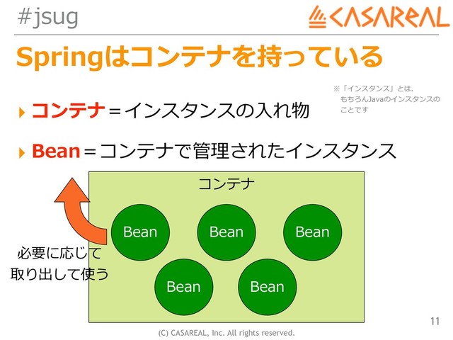 (C) CASAREAL, Inc. All rights reserved.
#jsug
Springはコンテナを持っている
▸ コンテナ＝インスタンスの⼊れ物
▸ Bean＝コンテナで管理されたインスタンス
11
コンテナ
Bean Bean Bean
Bean Bean
※「インスタンス」とは、 
 もちろんJavaのインスタンスの 
 ことです
必要に応じて 
取り出して使う
