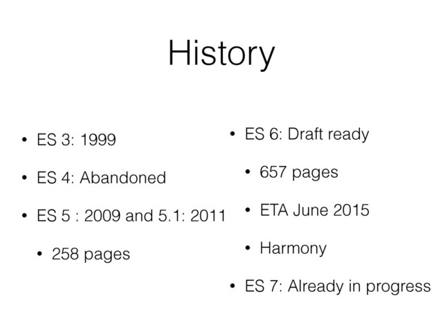 History
• ES 3: 1999
• ES 4: Abandoned
• ES 5 : 2009 and 5.1: 2011
• 258 pages
• ES 6: Draft ready
• 657 pages
• ETA June 2015
• Harmony
• ES 7: Already in progress
