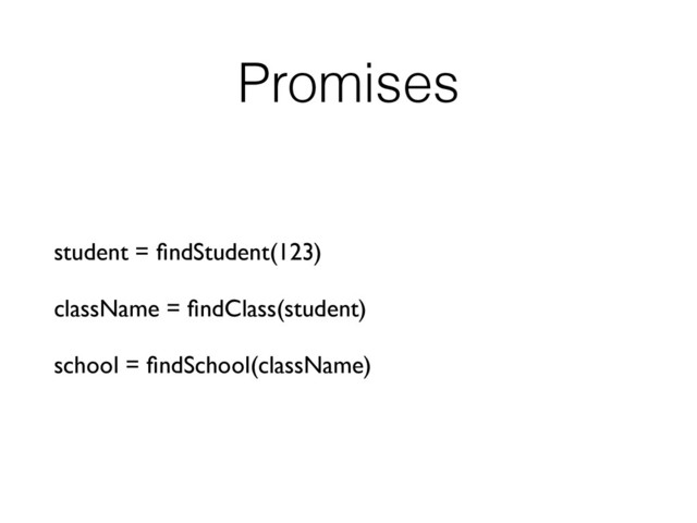 Promises
student = ﬁndStudent(123)
className = ﬁndClass(student)
school = ﬁndSchool(className)
