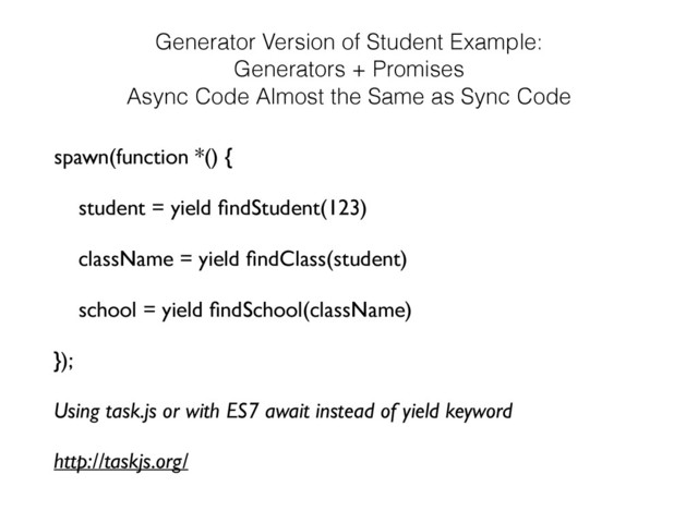 Generator Version of Student Example:
Generators + Promises
Async Code Almost the Same as Sync Code
spawn(function *() {
student = yield ﬁndStudent(123)
className = yield ﬁndClass(student)
school = yield ﬁndSchool(className)
});
Using task.js or with ES7 await instead of yield keyword
http://taskjs.org/
