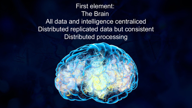 First element:
The Brain
All data and intelligence centraliced
Distributed replicated data but consistent
Distributed processing
