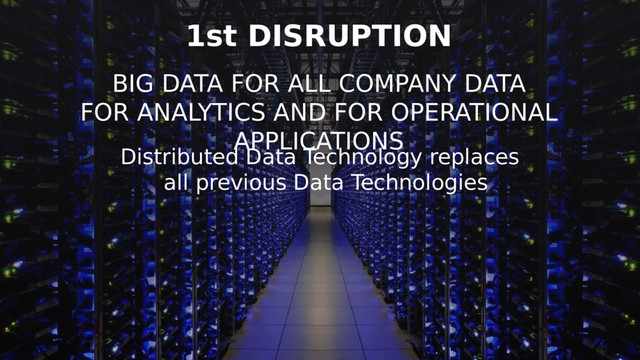 Distributed Data Technology replaces
all previous Data Technologies
1st DISRUPTION
BIG DATA FOR ALL COMPANY DATA
FOR ANALYTICS AND FOR OPERATIONAL
APPLICATIONS
