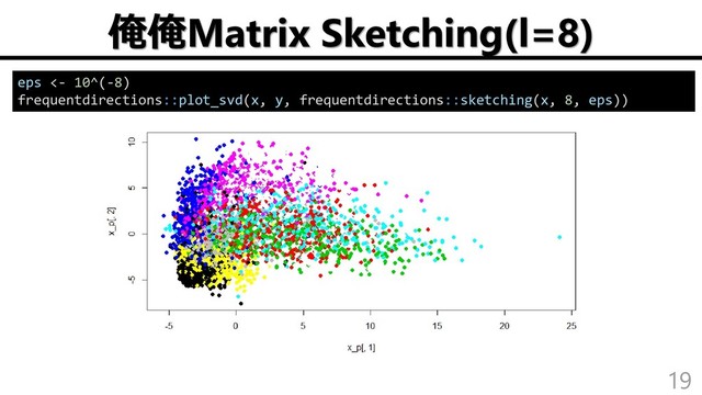 俺俺Matrix Sketching(l=8)
19
eps <- 10^(-8)
frequentdirections::plot_svd(x, y, frequentdirections::sketching(x, 8, eps))
