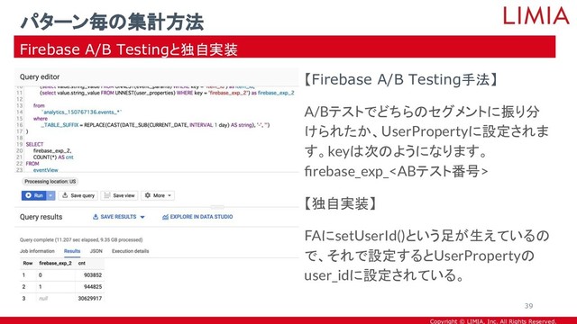 Copyright © LIMIA, Inc. All Rights Reserved.
【Firebase A/B Testing手法】
A/Bテストでどちらのセグメントに振り分
けられたか、UserPropertyに設定されま
す。keyは次のようになります。
ﬁrebase_exp_
【独自実装】
FAにsetUserId()という足が生えているの
で、それで設定するとUserPropertyの
user_idに設定されている。
パターン毎の集計方法
Firebase A/B Testingと独自実装
39
