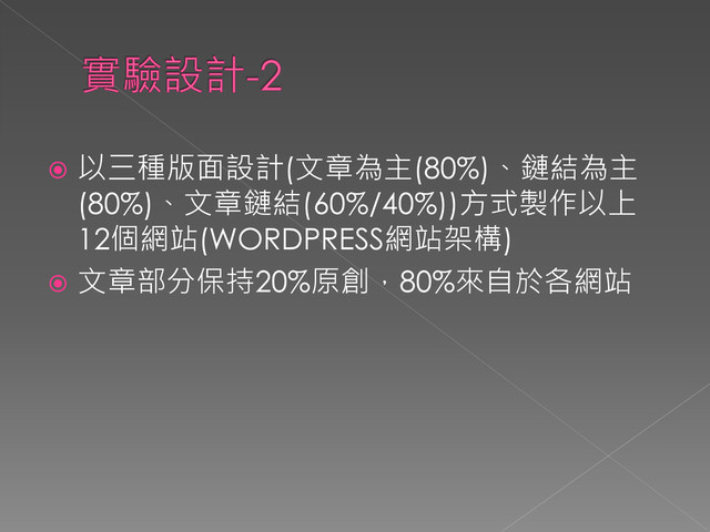  以三種版面設計(文章為主(80%)、鏈結為主
(80%)、文章鏈結(60%/40%))方式製作以上
12個網站(WORDPRESS網站架構)
 文章部分保持20%原創，80%來自於各網站
