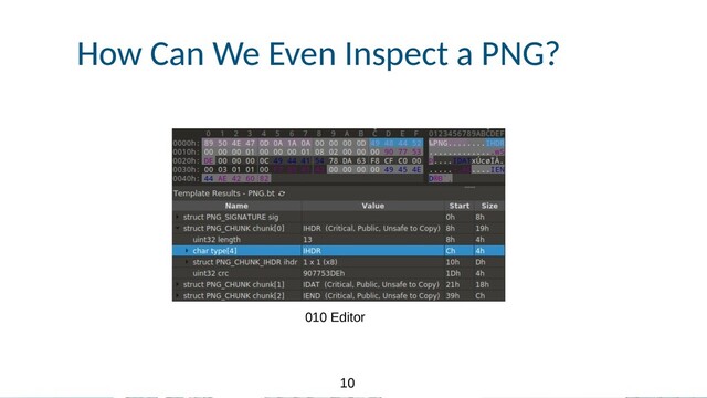 10
10
How Can We Even Inspect a PNG?
010 Editor
