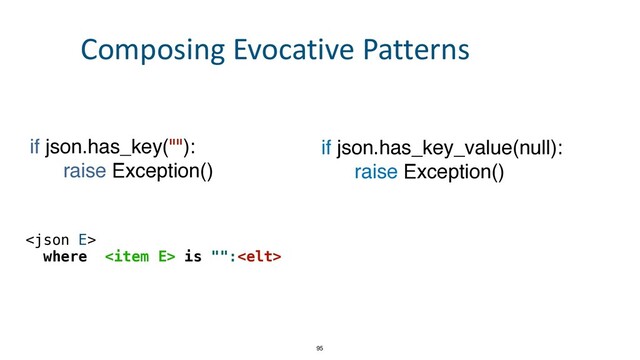 


where  is "":
if json.has_key("")
:

raise Exception()
if json.has_key_value(null)
:

raise Exception()
95
Composing Evocative Patterns
