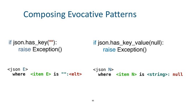


where  is "":
if json.has_key("")
:

raise Exception()
if json.has_key_value(null)
:

raise Exception()



where  is : null
95
Composing Evocative Patterns
