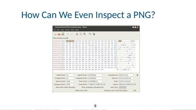 9
9
How Can We Even Inspect a PNG?
