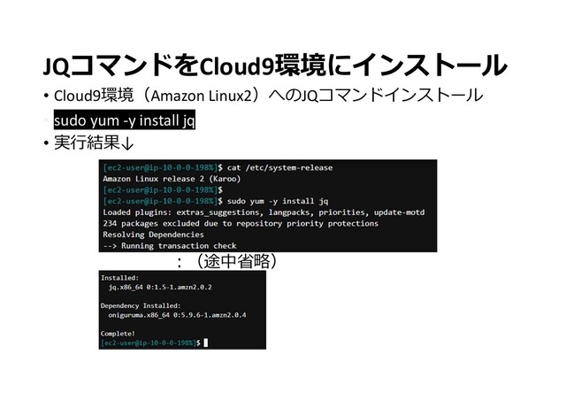 JQコマンドをCloud9環境にインストール
• Cloud9環境（Amazon Linux2）へのJQコマンドインストール
• sudo yum -y install jq
• 実行結果↓
:（途中省略）
