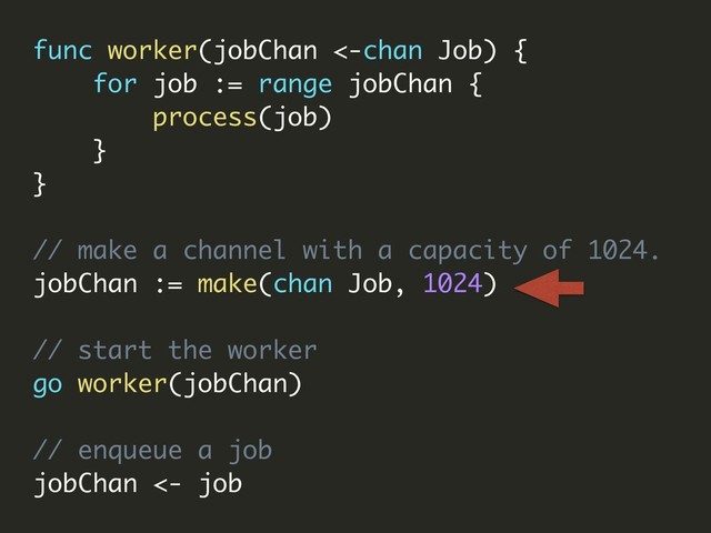 func worker(jobChan <-chan Job) {
for job := range jobChan {
process(job)
}
}
// make a channel with a capacity of 1024.
jobChan := make(chan Job, 1024)
// start the worker
go worker(jobChan)
// enqueue a job
jobChan <- job
