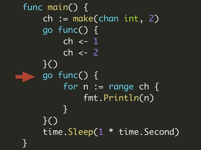 func main() {
ch := make(chan int, 2)
go func() {
ch <- 1
ch <- 2
}()
go func() {
for n := range ch {
fmt.Println(n)
}
}()
time.Sleep(1 * time.Second)
}
