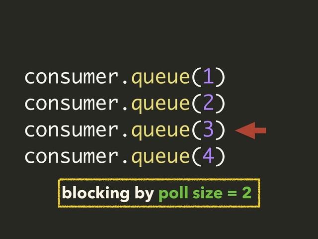 consumer.queue(1)
consumer.queue(2)
consumer.queue(3)
consumer.queue(4)
blocking by poll size = 2
