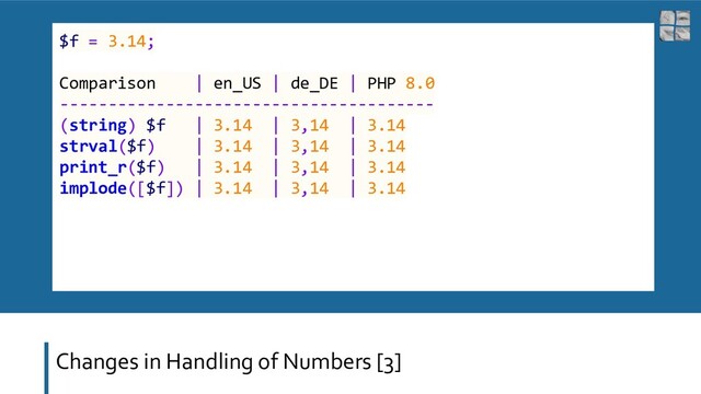 Changes in Handling of Numbers [3]
$f = 3.14;
Comparison | en_US | de_DE | PHP 8.0
---------------------------------------
(string) $f | 3.14 | 3,14 | 3.14
strval($f) | 3.14 | 3,14 | 3.14
print_r($f) | 3.14 | 3,14 | 3.14
implode([$f]) | 3.14 | 3,14 | 3.14
