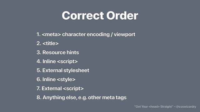 Correct Order
1.  character encoding / viewport
2. 
3. Resource hints
4. Inline 
5. External stylesheet
6. Inline <style>
7. External <script>
8. Anything else, e.g. other meta tags
“Get Your <head> Straight” – @csswizardry
