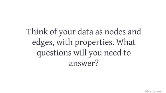 Think of your data as nodes and
edges, with properties. What
questions will you need to
answer?
@lornajane
