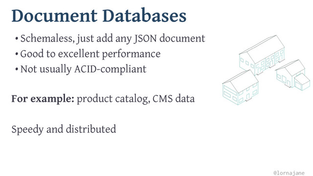 Document Databases
• Schemaless, just add any JSON document
• Good to excellent performance
• Not usually ACID-compliant
For example: product catalog, CMS data
Speedy and distributed
@lornajane

