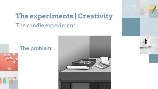 •
The problem:
The experiments | Creativity
The candle experiment
