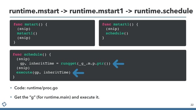 runtime.mstart -> runtime.mstart1 -> runtime.schedule
22
func mstart() {
(snip)
mstart1()
(snip)
}
func mstart1() {
(snip)
schedule()
}
func schedule() {
(snip)
gp, inheritTime = runqget(_g_.m.p.ptr())
(snip)
execute(gp, inheritTime)
}
• Code: runtime/proc.go
• Get the “g” (for runtime.main) and execute it.
