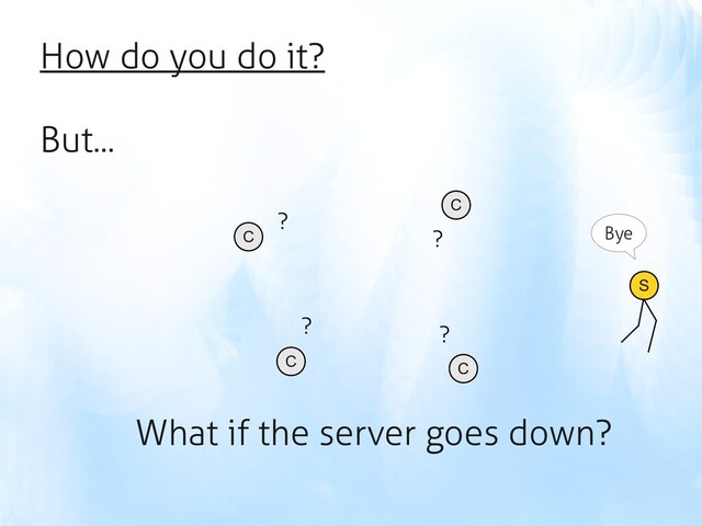 How do you do it?
But...
What if the server goes down?
S
C
C
C C
?
?
? ?
Bye
