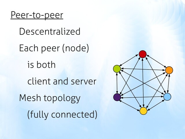 Peer-to-peer
Descentralized
Each peer (node)
is both
client and server
Mesh topology
(fully connected)
