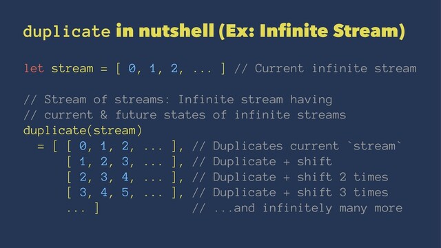 duplicate in nutshell (Ex: Inﬁnite Stream)
let stream = [ 0, 1, 2, ... ] // Current infinite stream
// Stream of streams: Infinite stream having
// current & future states of infinite streams
duplicate(stream)
= [ [ 0, 1, 2, ... ], // Duplicates current `stream`
[ 1, 2, 3, ... ], // Duplicate + shift
[ 2, 3, 4, ... ], // Duplicate + shift 2 times
[ 3, 4, 5, ... ], // Duplicate + shift 3 times
... ] // ...and infinitely many more
