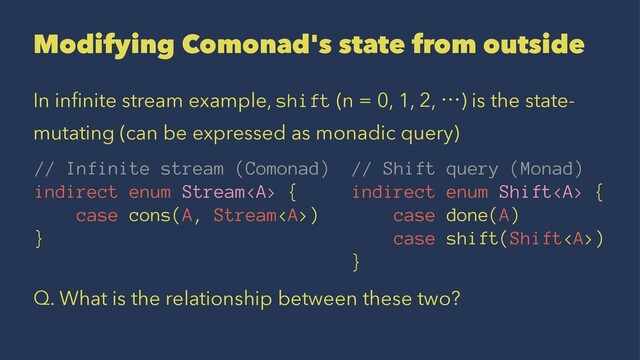 Modifying Comonad's state from outside
In inﬁnite stream example, shift (n = 0, 1, 2, l) is the state-
mutating (can be expressed as monadic query)
// Infinite stream (Comonad) // Shift query (Monad)
indirect enum Stream<a> { indirect enum Shift</a><a> {
case cons(A, Stream</a><a>) case done(A)
} case shift(Shift</a><a>)
}
Q. What is the relationship between these two?
</a>