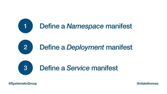 1 Define a Namespace manifest
2 Define a Deployment manifest
3 Define a Service manifest
@SystematicGroup @vitalethomas
