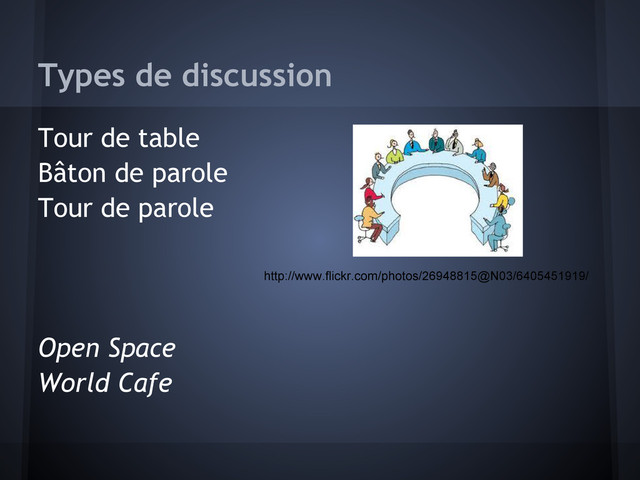 Types de discussion
Tour de table
Bâton de parole
Tour de parole
Open Space
World Cafe
http://www.flickr.com/photos/26948815@N03/6405451919/
