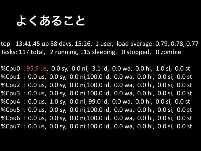 Α͋͘Δ͜ͱ
top - 13:41:45 up 88 days, 15:26, 1 user, load average: 0.79, 0.78, 0.77
Tasks: 117 total, 2 running, 115 sleeping, 0 stopped, 0 zombie
%Cpu0 : 95.9 us, 0.0 sy, 0.0 ni, 3.1 id, 0.0 wa, 0.0 hi, 1.0 si, 0.0 st
%Cpu1 : 0.0 us, 0.0 sy, 0.0 ni,100.0 id, 0.0 wa, 0.0 hi, 0.0 si, 0.0 st
%Cpu2 : 0.0 us, 0.0 sy, 0.0 ni,100.0 id, 0.0 wa, 0.0 hi, 0.0 si, 0.0 st
%Cpu3 : 0.0 us, 0.0 sy, 0.0 ni,100.0 id, 0.0 wa, 0.0 hi, 0.0 si, 0.0 st
%Cpu4 : 0.0 us, 1.0 sy, 0.0 ni, 99.0 id, 0.0 wa, 0.0 hi, 0.0 si, 0.0 st
%Cpu5 : 0.0 us, 0.0 sy, 0.0 ni,100.0 id, 0.0 wa, 0.0 hi, 0.0 si, 0.0 st
%Cpu6 : 0.0 us, 0.0 sy, 0.0 ni,100.0 id, 0.0 wa, 0.0 hi, 0.0 si, 0.0 st
%Cpu7 : 0.0 us, 0.0 sy, 0.0 ni,100.0 id, 0.0 wa, 0.0 hi, 0.0 si, 0.0 st
