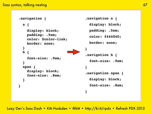 Lazy Dev’s Sass Dash • Kitt Hodsden • @kitt • http://ki.tt/rpdx • Refresh PDX 2013
67
.navigation {
a {
display: block;
padding: .5em;
color: $color-link;
border: none;
}
b {
font-size: .9em;
}
span {
display: block;
font-size: .8em;
}
}
.navigation a {
display: block;
padding: .5em;
color: #444040;
border: none;
}
.navigation b {
font-size: .9em;
}
.navigation span {
display: block;
font-size: .8em;
}
Sass syntax, talking nesting
