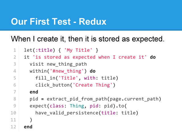 Our First Test - Redux
When I create it, then it is stored as expected.
