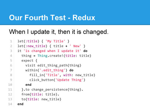 Our Fourth Test - Redux
When I update it, then it is changed.
