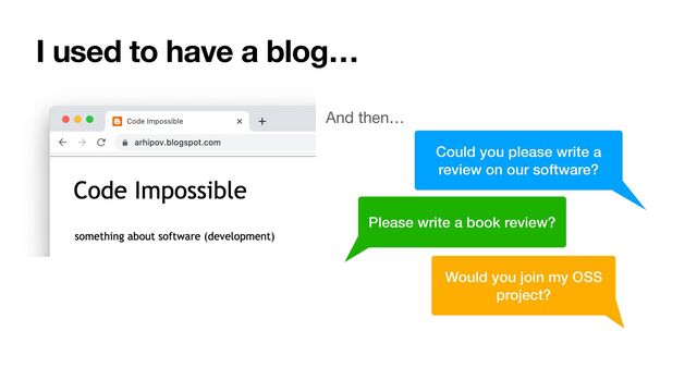 I used to have a blog…
And then…
Could you please write a
review on our software?
Please write a book review?
Would you join my OSS
project?

