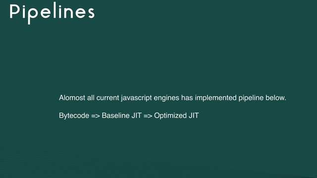 Pipelines
Alomost all current javascript engines has implemented pipeline below.
Bytecode => Baseline JIT => Optimized JIT
