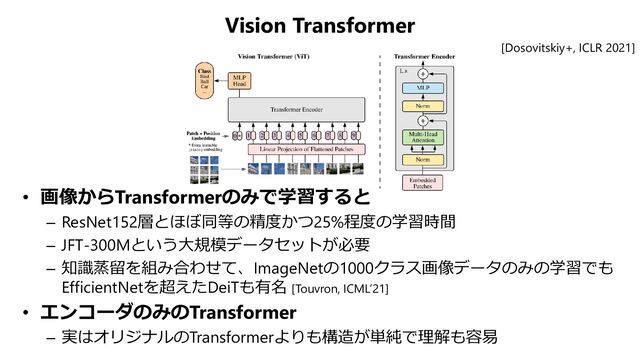 Vision Transformer
• 画像からTransformerのみで学習すると
– ResNet152層とほぼ同等の精度かつ25%程度の学習時間
– JFT-300Mという大規模データセットが必要
– 知識蒸留を組み合わせて、ImageNetの1000クラス画像データのみの学習でも
EfficientNetを超えたDeiTも有名 [Touvron, ICML’21]
• エンコーダのみのTransformer
– 実はオリジナルのTransformerよりも構造が単純で理解も容易
[Dosovitskiy+, ICLR 2021]
