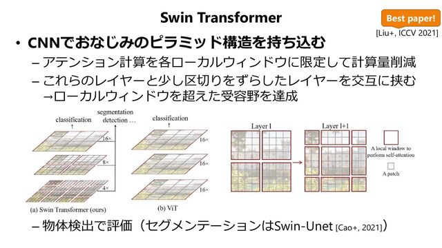 Swin Transformer
• CNNでおなじみのピラミッド構造を持ち込む
– アテンション計算を各ローカルウィンドウに限定して計算量削減
– これらのレイヤーと少し区切りをずらしたレイヤーを交互に挟む
→ローカルウィンドウを超えた受容野を達成
– 物体検出で評価（セグメンテーションはSwin-Unet [Cao+, 2021]）
[Liu+, ICCV 2021]
Best paper!
