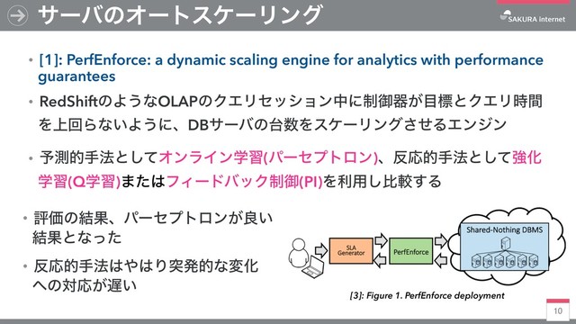 10
αʔόͷΦʔτεέʔϦϯά
ɾ[1]: PerfEnforce: a dynamic scaling engine for analytics with performance
guarantees
ɾRedShiftͷΑ͏ͳOLAPͷΫΤϦηογϣϯதʹ੍ޚث͕໨ඪͱΫΤϦ࣌ؒ
Λ্ճΒͳ͍Α͏ʹɺDBαʔόͷ୆਺ΛεέʔϦϯάͤ͞ΔΤϯδϯ
ɾ༧ଌతख๏ͱͯ͠ΦϯϥΠϯֶश(ύʔηϓτϩϯ)ɺ൓Ԡతख๏ͱͯ͠ڧԽ
ֶश(Qֶश)·ͨ͸ϑΟʔυόοΫ੍ޚ(PI)Λར༻͠ൺֱ͢Δ
[3]: Figure 1. PerfEnforce deployment
ɾධՁͷ݁Ռɺύʔηϓτϩϯ͕ྑ͍
݁Ռͱͳͬͨ
ɾ൓Ԡతख๏͸΍͸ΓಥൃతͳมԽ
΁ͷରԠ͕஗͍
