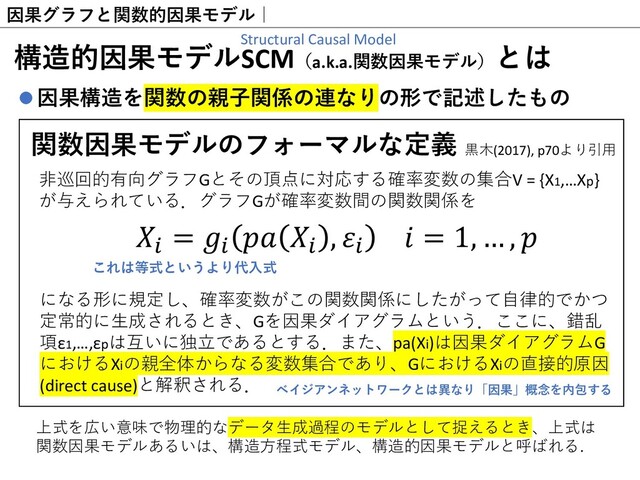 因果グラフと関数的因果モデル｜
構造的因果モデルSCM（a.k.a.関数因果モデル）とは
因果構造を関数の親⼦関係の連なりの形で記述したもの
関数因果モデルのフォーマルな定義
⾮巡回的有向グラフGとその頂点に対応する確率変数の集合V = {X1,…Xp}
が与えられている．グラフGが確率変数間の関数関係を
⿊⽊(2017), p70より引⽤
になる形に規定し、確率変数がこの関数関係にしたがって⾃律的でかつ
定常的に⽣成されるとき、Gを因果ダイアグラムという．ここに、錯乱
項ε1,…,εpは互いに独⽴であるとする．また、pa(Xi)は因果ダイアグラムG
におけるXiの親全体からなる変数集合であり、GにおけるXiの直接的原因
(direct cause)と解釈される．
上式を広い意味で物理的なデータ⽣成過程のモデルとして捉えるとき、上式は
関数因果モデルあるいは、構造⽅程式モデル、構造的因果モデルと呼ばれる.
!
= !
 !
, !
 = 1, … , 
これは等式というより代⼊式
ベイジアンネットワークとは異なり「因果」概念を内包する
Structural Causal Model
