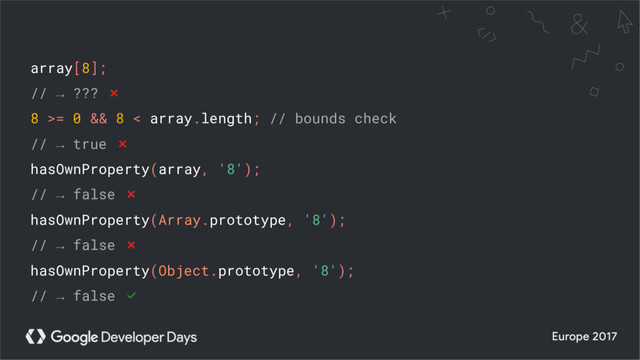 array[8];
// → ??? ❌
8 >= 0 && 8 < array.length; // bounds check
// → true ❌
hasOwnProperty(array, '8');
// → false ❌
hasOwnProperty(Array.prototype, '8');
// → false ❌
hasOwnProperty(Object.prototype, '8');
// → false ✅
