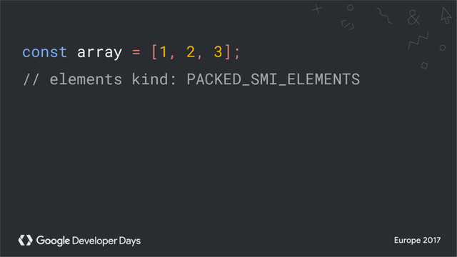const array = [1, 2, 3];
// elements kind: PACKED_SMI_ELEMENTS
