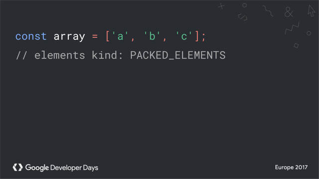 const array = ['a', 'b', 'c'];
// elements kind: PACKED_ELEMENTS
