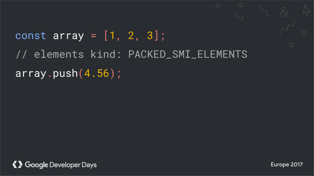 const array = [1, 2, 3];
// elements kind: PACKED_SMI_ELEMENTS
array.push(4.56);
