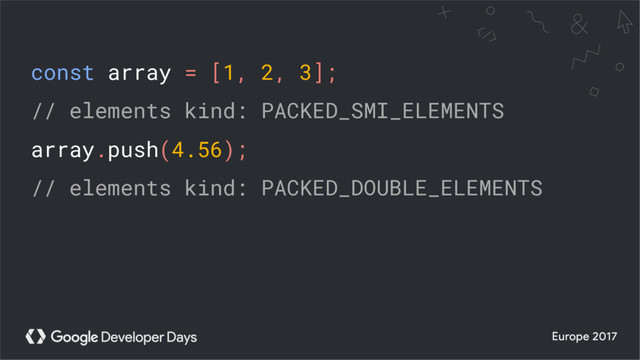 const array = [1, 2, 3];
// elements kind: PACKED_SMI_ELEMENTS
array.push(4.56);
// elements kind: PACKED_DOUBLE_ELEMENTS
