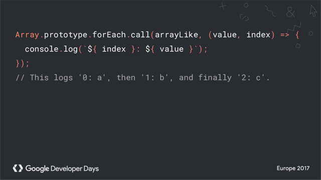 Array.prototype.forEach.call(arrayLike, (value, index) => {
console.log(`${ index }: ${ value }`);
});
// This logs '0: a', then '1: b', and finally '2: c'.

