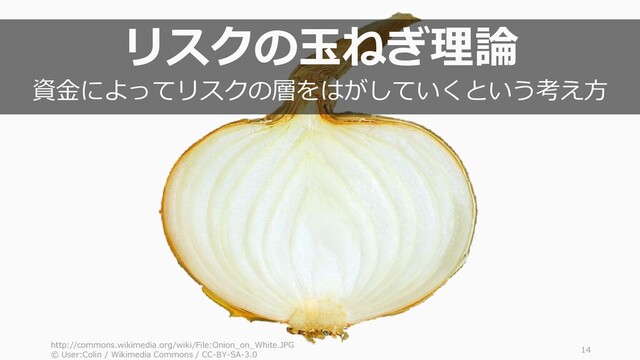 http://commons.wikimedia.org/wiki/File:Onion_on_White.JPG
© User:Colin / Wikimedia Commons / CC-BY-SA-3.0
14
リスクの玉ねぎ理論
資金によってリスクの層をはがしていくという考え方
